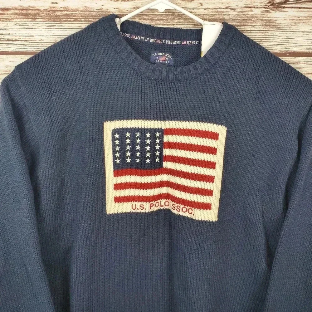 US Polo Assn Mens XL Navy Blue USA Flag Logo Wool Blend Crewneck Sweater